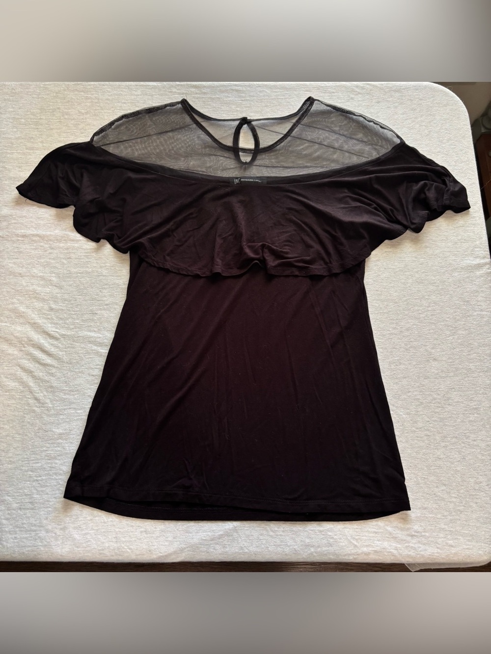 INC International Concepts Black Mesh Yoke Ruffle Sleeve Blouse M